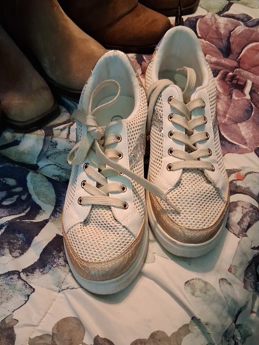 Cato White and Gold Mesh Lace-Up Women's Sneakers